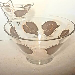 Vintage Anchor Hocking Cbip and Dip Serving Set Glass . Brown and Gold Leaf